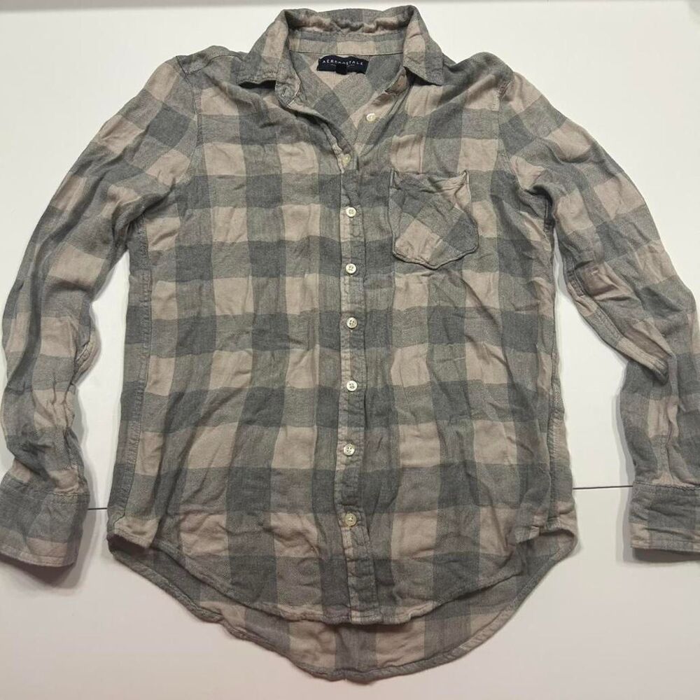 Aeropostale Women's Grey and Tan Plaid Shirt